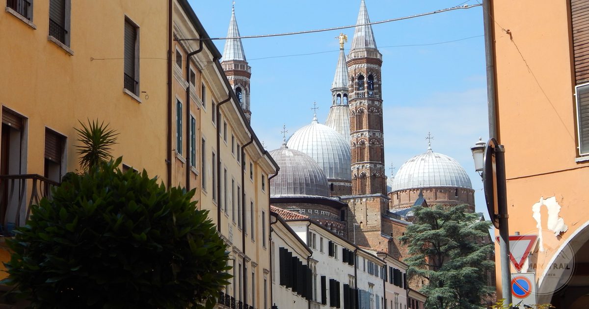 The domes of the Basilica di Sant'Antonio from a street in Padua, Veneto, Italy