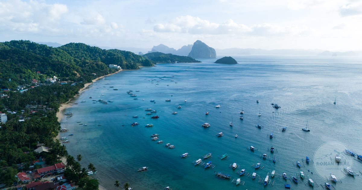 Aerial view of the turquoise bay and karst islands of El Nido, Palawan