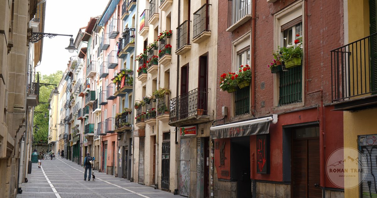 A street of colourful residential buildings in Pamplona, Navarra, Spain