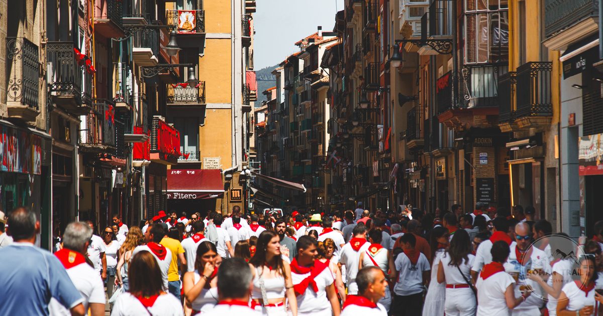 A crowded street in Pamplona during the San Fermin festival, Spain