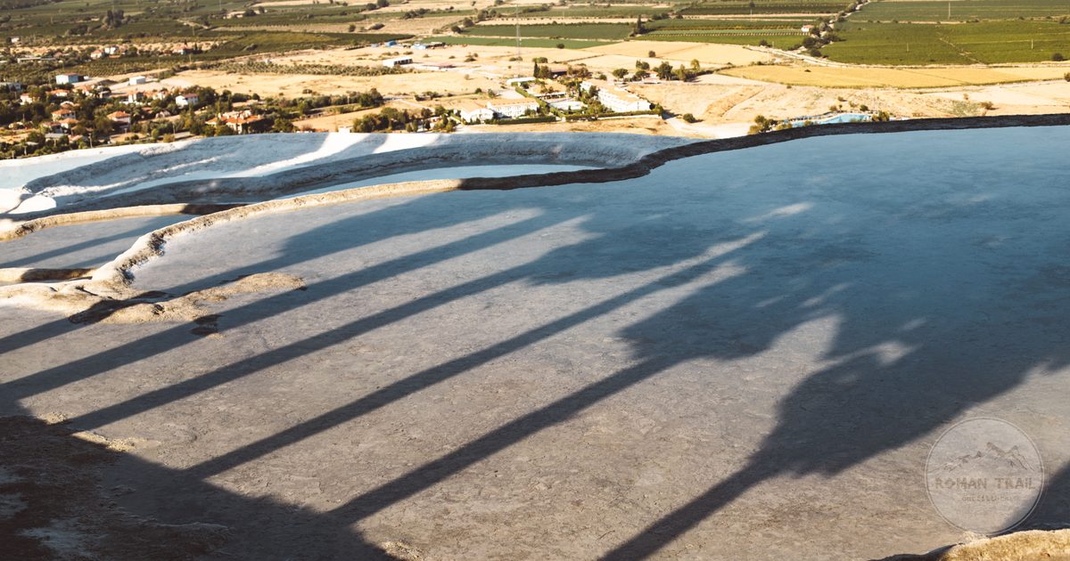 Aerial view of the white travertine terraces at Pamukkale, Turkey