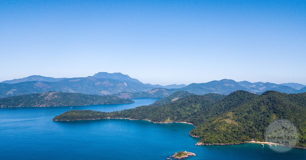 Aerial view of the islands and turquoise water off Paraty, Brazil