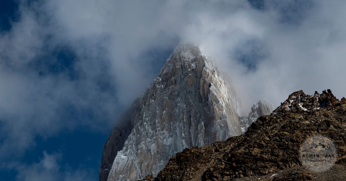 Mount Fitz Roy wrapped in cloud above El Chalten, Argentina