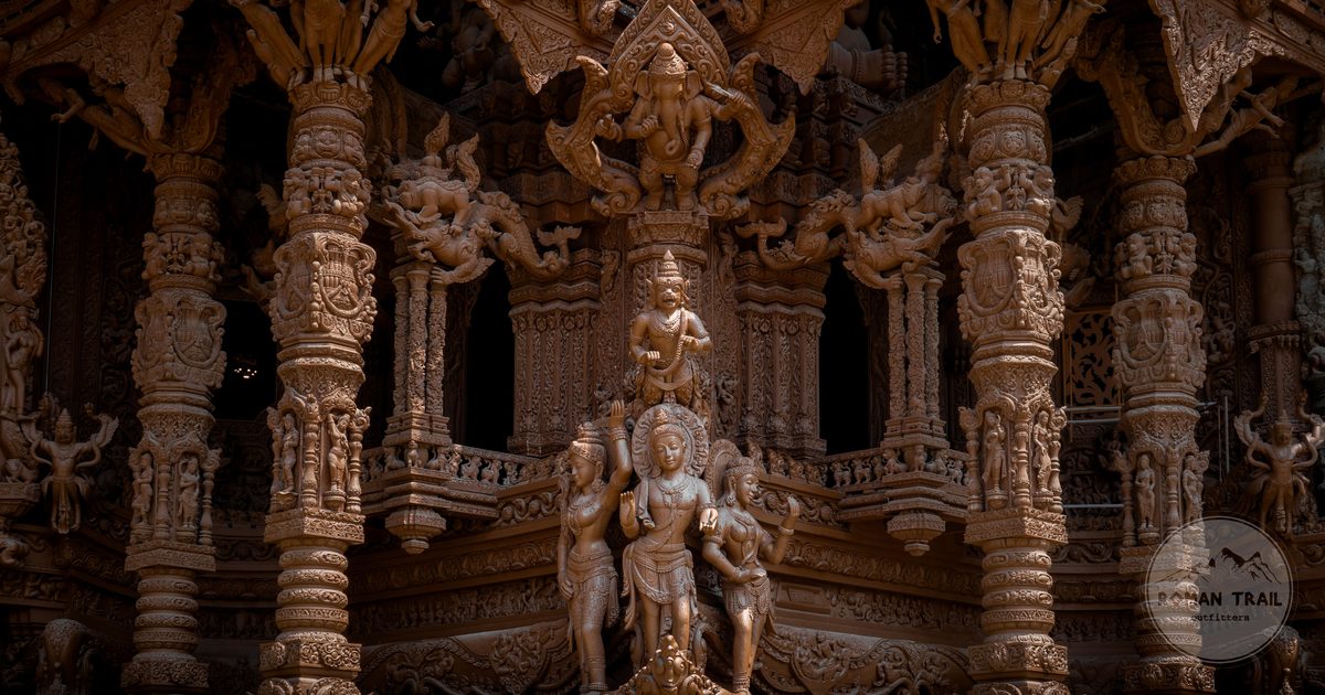 Carved wooden structures at the Sanctuary of Truth in Pattaya, Thailand