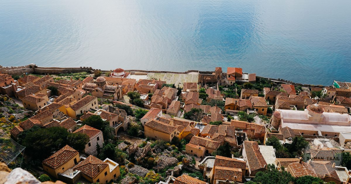 Aerial view of the rock and town of Monemvasia in the Peloponnese, Greece