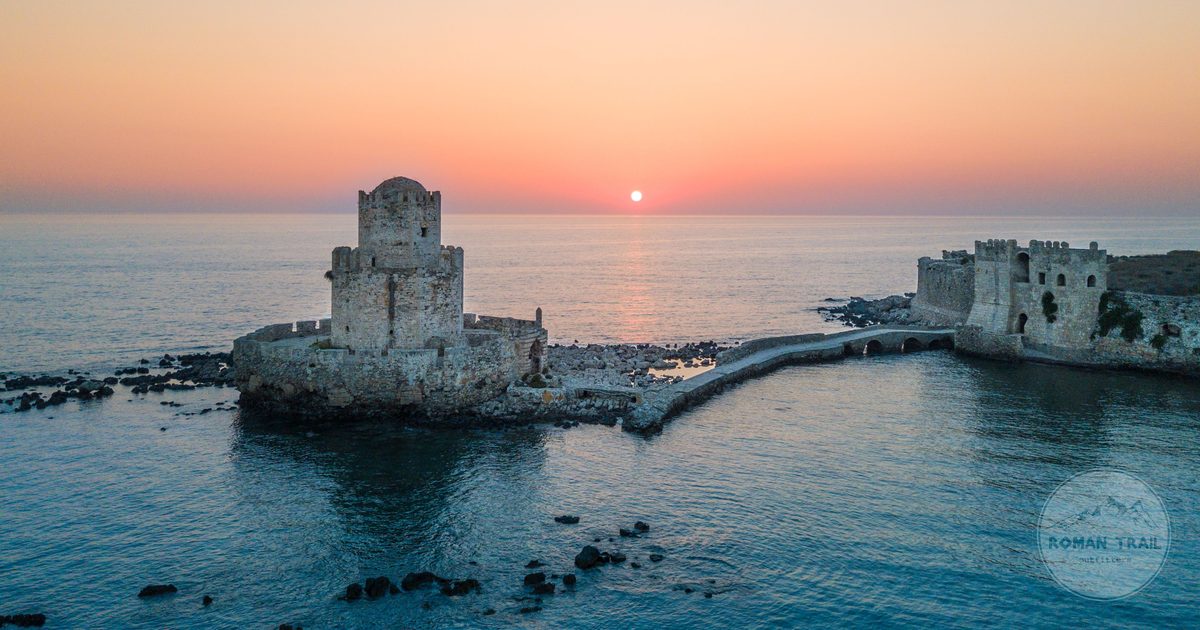 Methoni Castle at sunset above the sea in the Peloponnese, Greece
