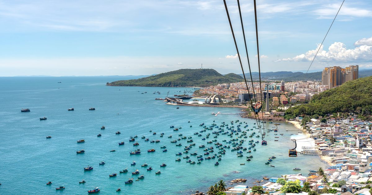 Aerial view of the Phu Quoc coastline with boats and the cable car, Vietnam