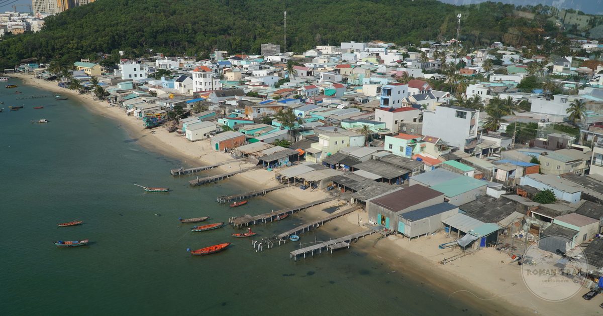 A coastal fishing village with painted houses and boats on Phu Quoc, Vietnam