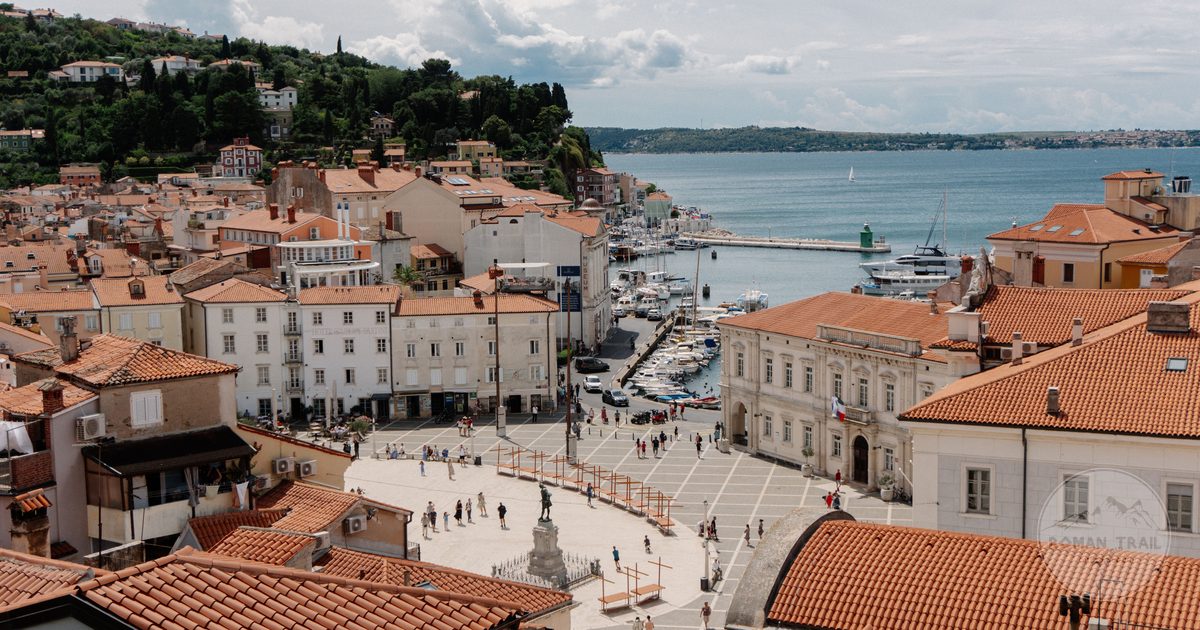 Aerial view of the red rooftops of Piran against the Adriatic Sea, Slovenia