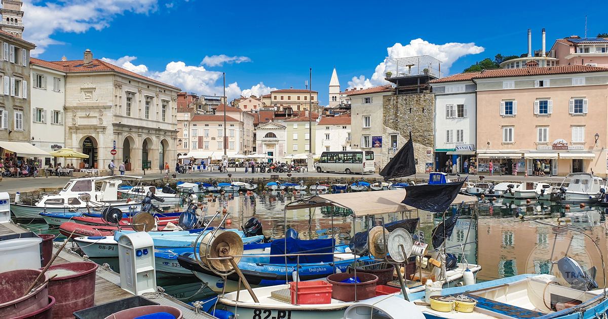 Boats in the harbour at Piran under a clear blue sky, Slovenia