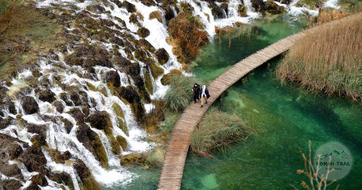 Aerial view of Plitvice Lakes with a boardwalk, Croatia