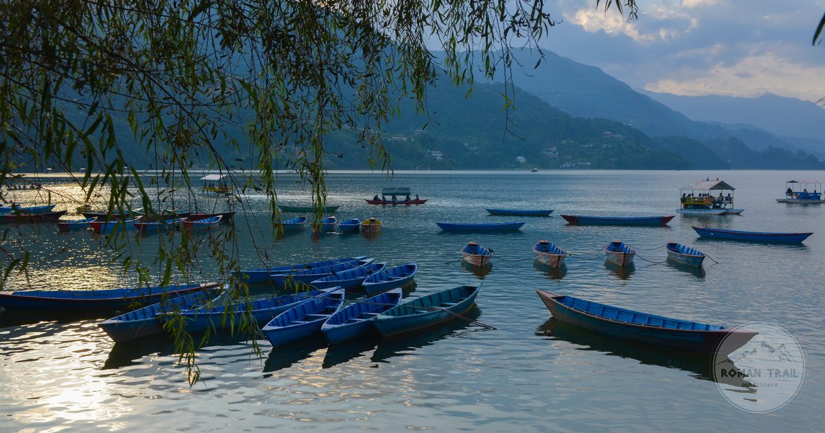 Rowboats on a calm lake at sunset below mountains, Pokhara, Nepal