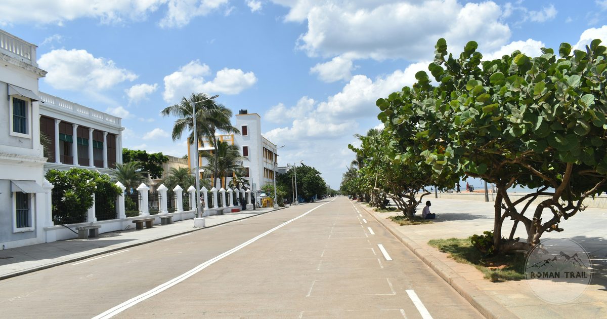 The tree lined promenade and colonial buildings at Puducherry, India