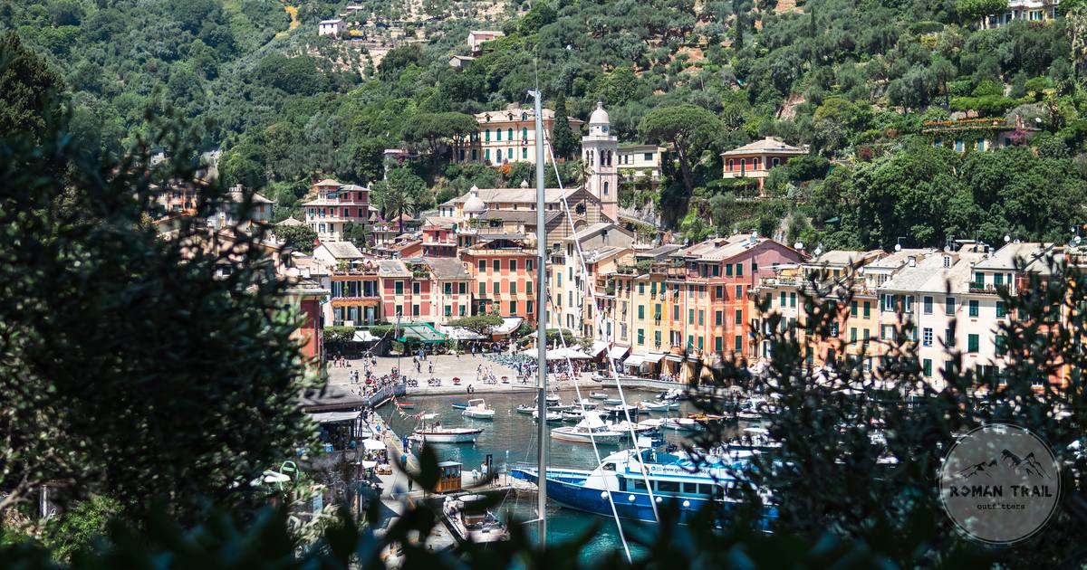 Portofino harbour in spring surrounded by green hillside, Italy