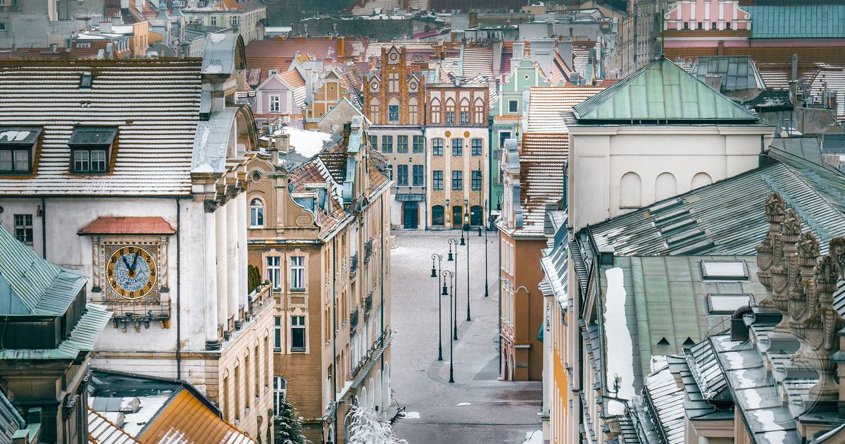 Aerial view of the Old Market Square in Poznan in winter, Poland