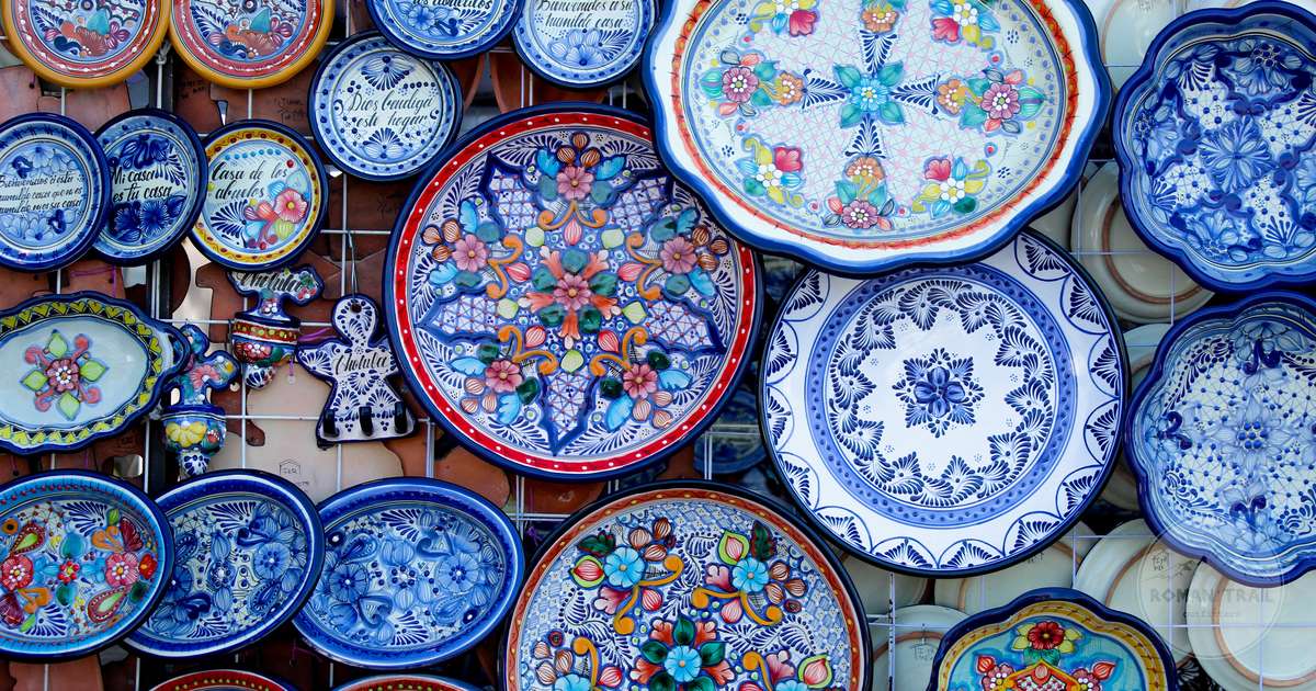 Handpainted Talavera plates and pottery at Cholula, Puebla, Mexico