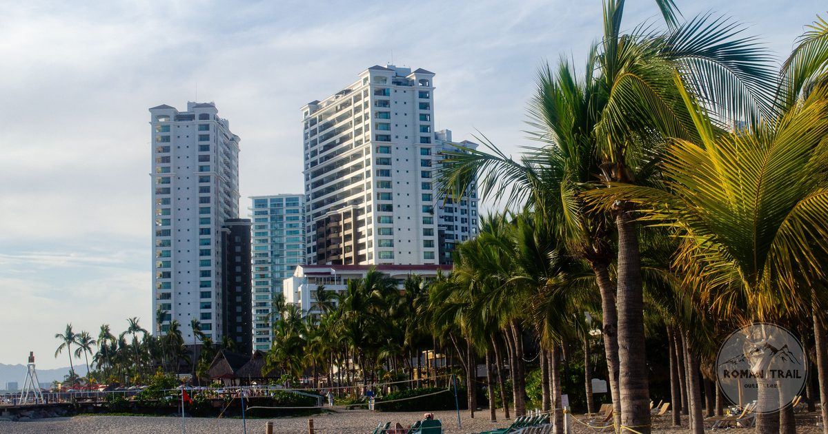 Beachfront towers and palms at Puerto Vallarta, Jalisco, Mexico