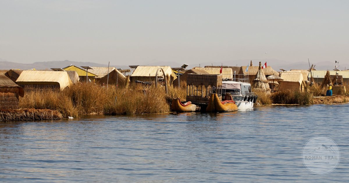 Traditional reed houses of the Uros floating islands on Lake Titicaca at Puno, Peru