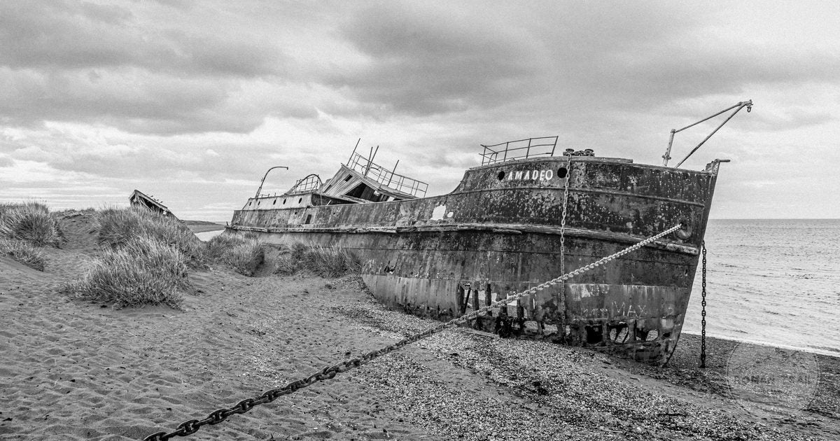 A shipwreck on a beach on the Strait of Magellan, Chile, in black and white
