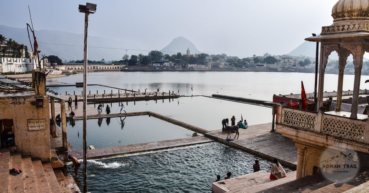 People on the ghats at Pushkar Lake, Rajasthan, India