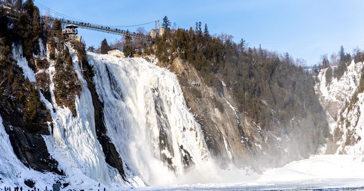 Icy cascades at Montmorency Falls in winter near Quebec City, Canada