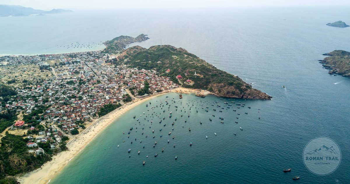 The harbour and green mountains of Quy Nhon seen from above, Vietnam