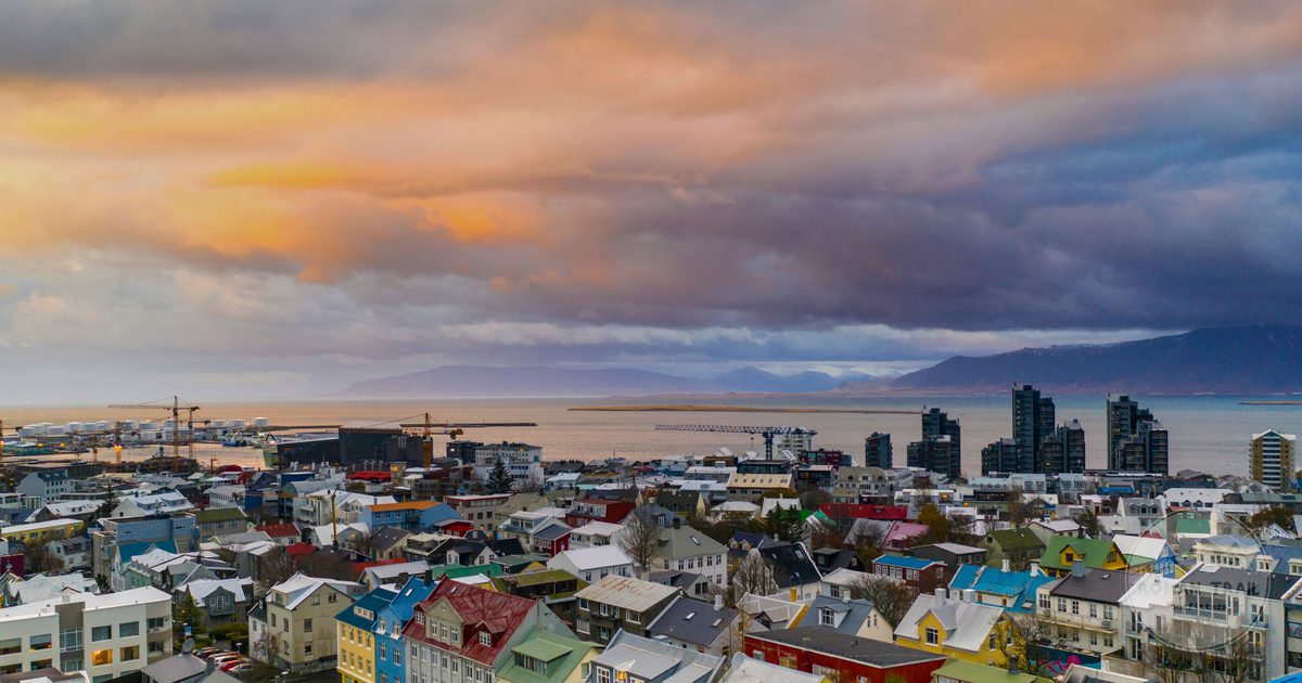 Colourful houses and a sunset over Reykjavik, Iceland