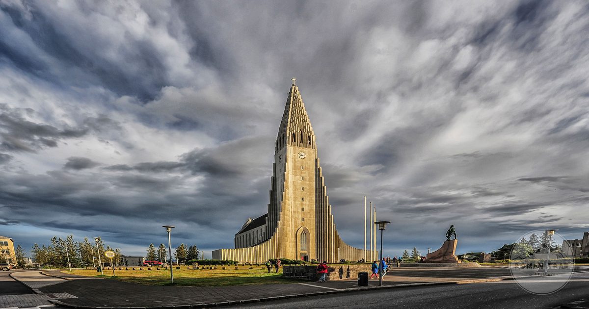 Hallgrimskirkja under dramatic cloud in Reykjavik, Iceland