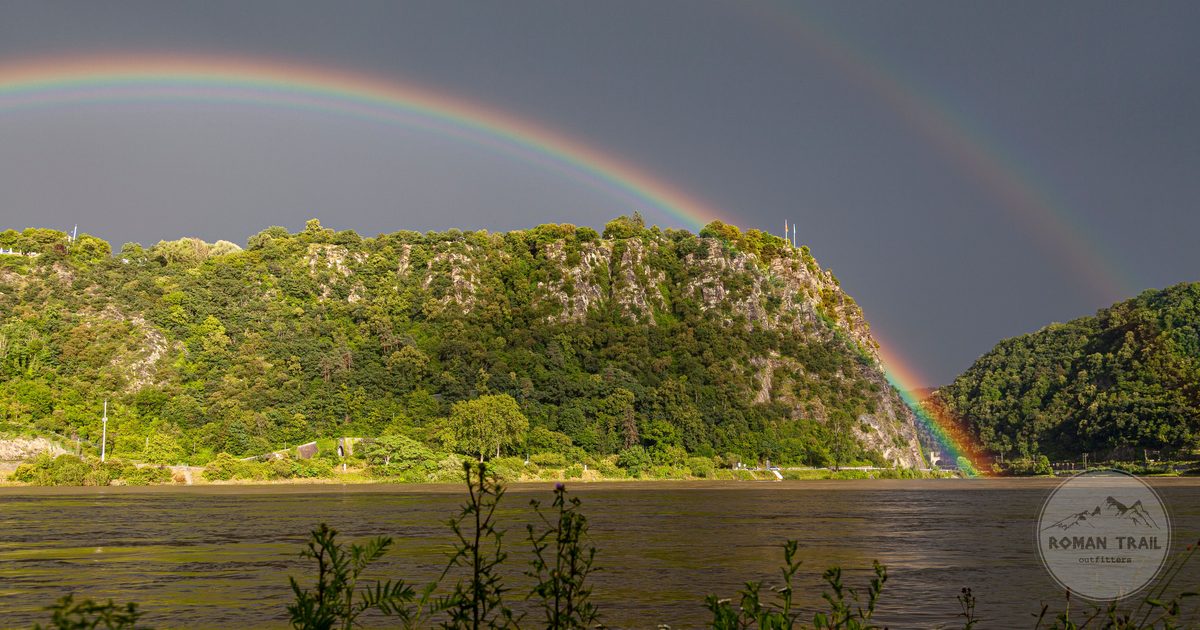 A double rainbow over the Loreley rock on the Rhine, Germany