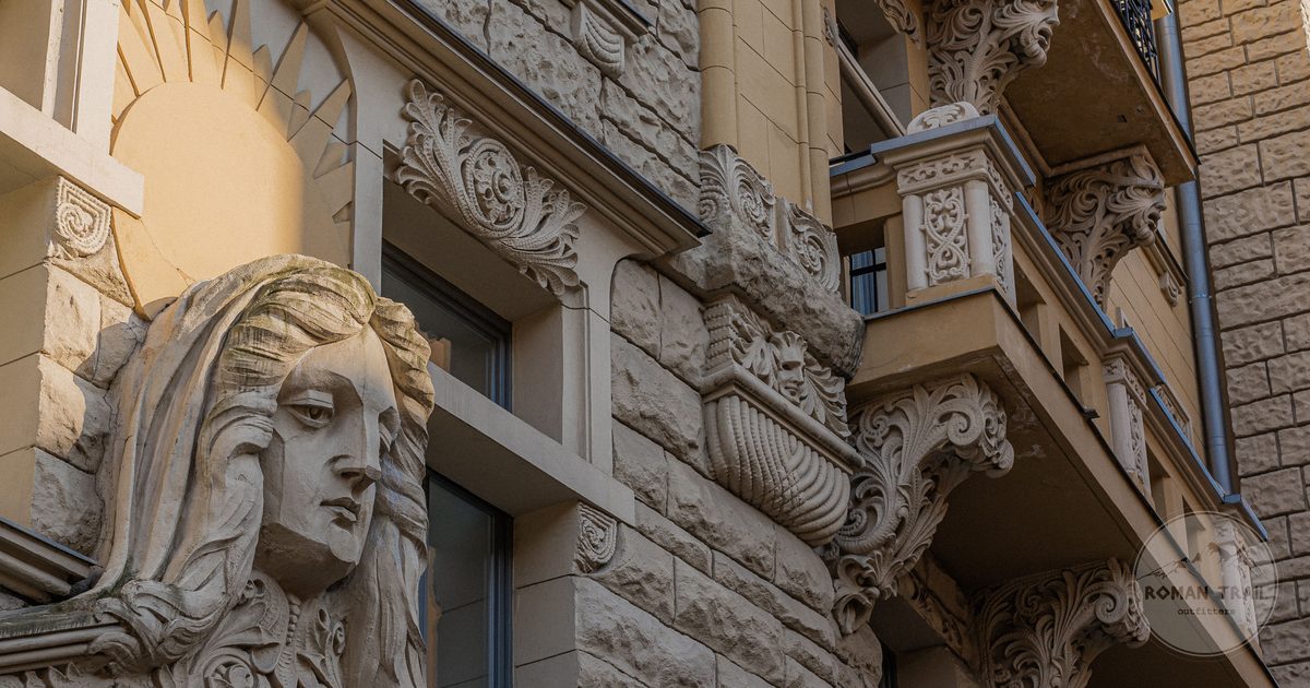 Ornate Art Nouveau facade detail on Alberta Street in Riga, Latvia