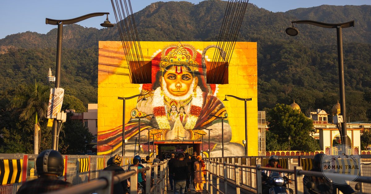Hanuman mural on the bridge at Rishikesh with the hills behind, Uttarakhand, India