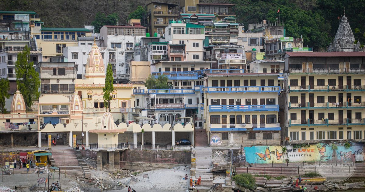 Riverside buildings along the Ganges in Rishikesh, Uttarakhand, India