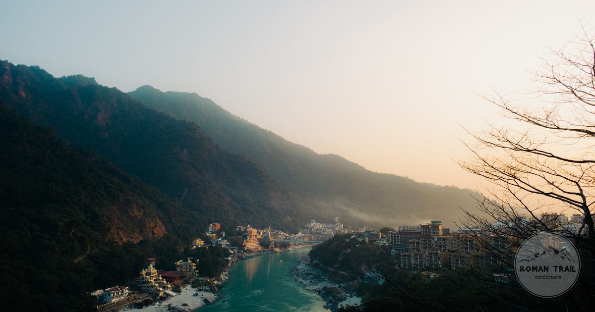 The Ganges and Himalayan foothills at sunset in Rishikesh, India