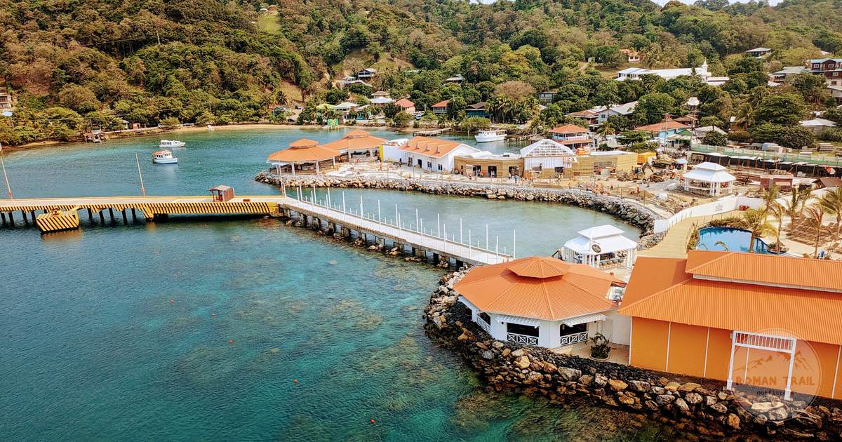 Aerial view of the dock and coastline at Coxen Hole in the Bay Islands, Honduras