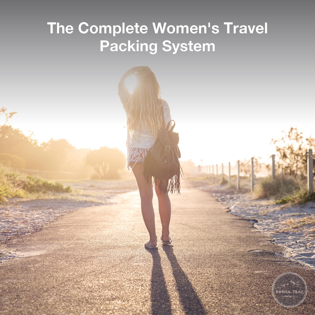 The Complete Women's Travel Packing System, woman traveling light at golden hour, Roman Trail Outfitters