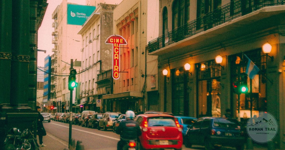 A street scene with the El Cairo cinema in Rosario, Argentina