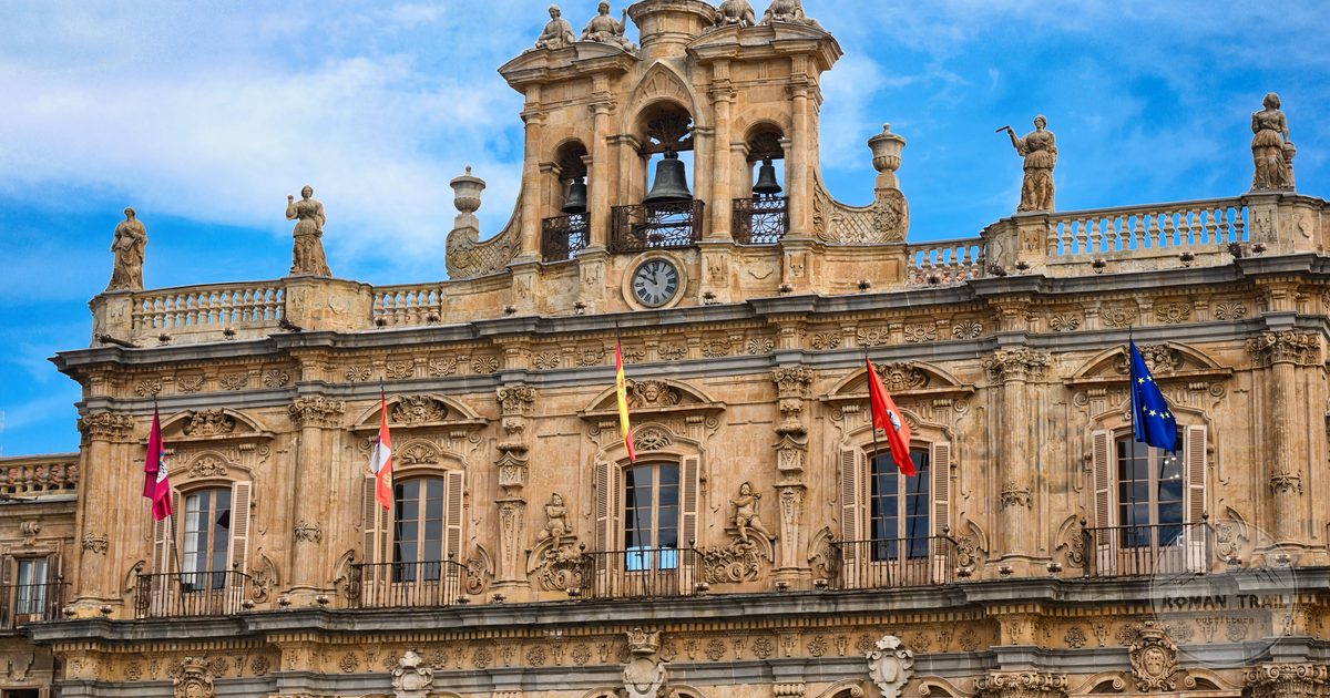 The carved facade of the Plaza Mayor in Salamanca, Spain