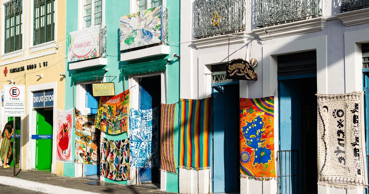 Tapestries hanging in the historic Pelourinho district of Salvador, Bahia