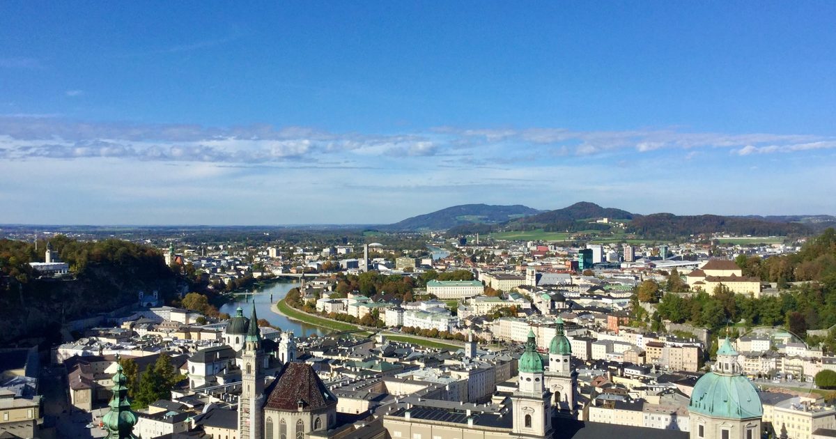 Aerial view of Salzburg and the Salzach river, Austria