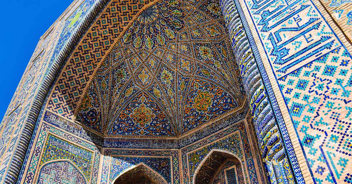 Tilework and Islamic architecture at Registan Square, Samarkand