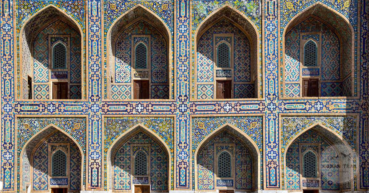 The mosaic façade of the Tilya-Kori Madrasah in Samarkand