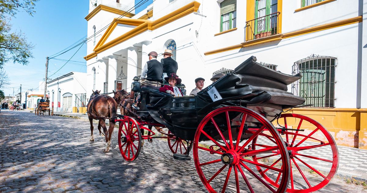 A horse drawn carriage on a cobbled street at Chascomus, Buenos Aires province, Argentina