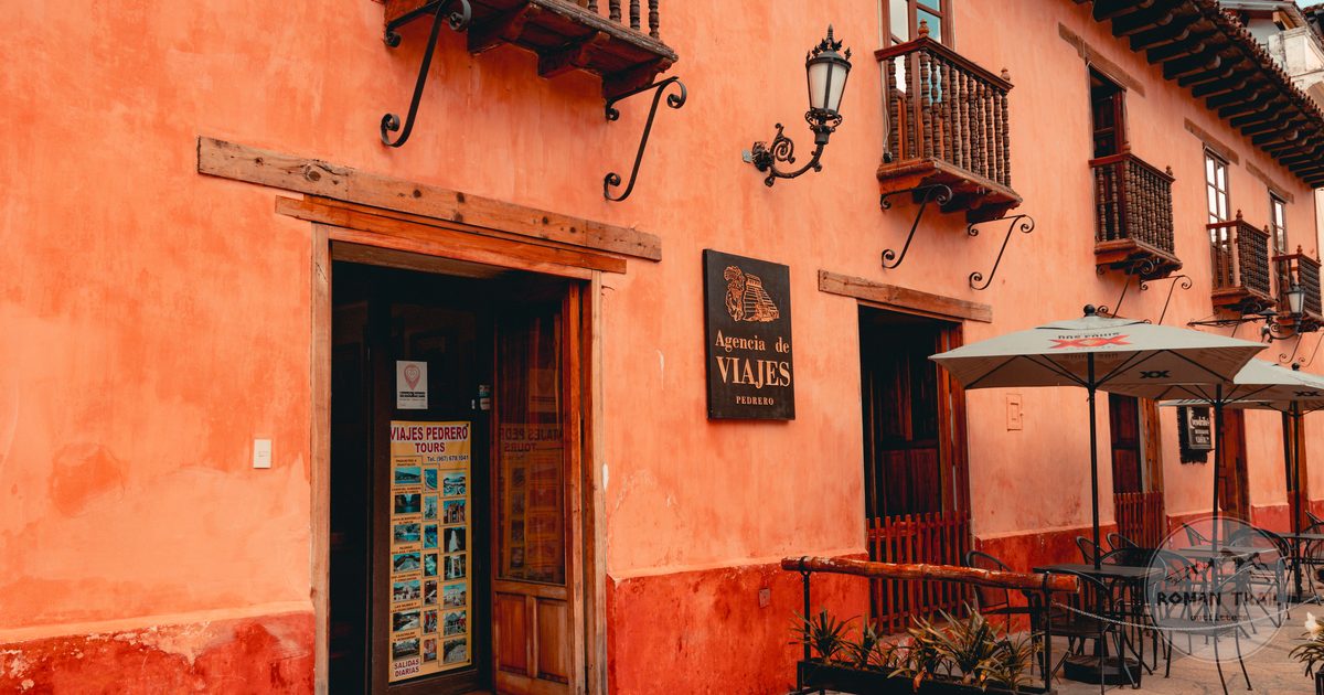 Colonial architecture with wooden balconies in San Cristobal de las Casas, Mexico
