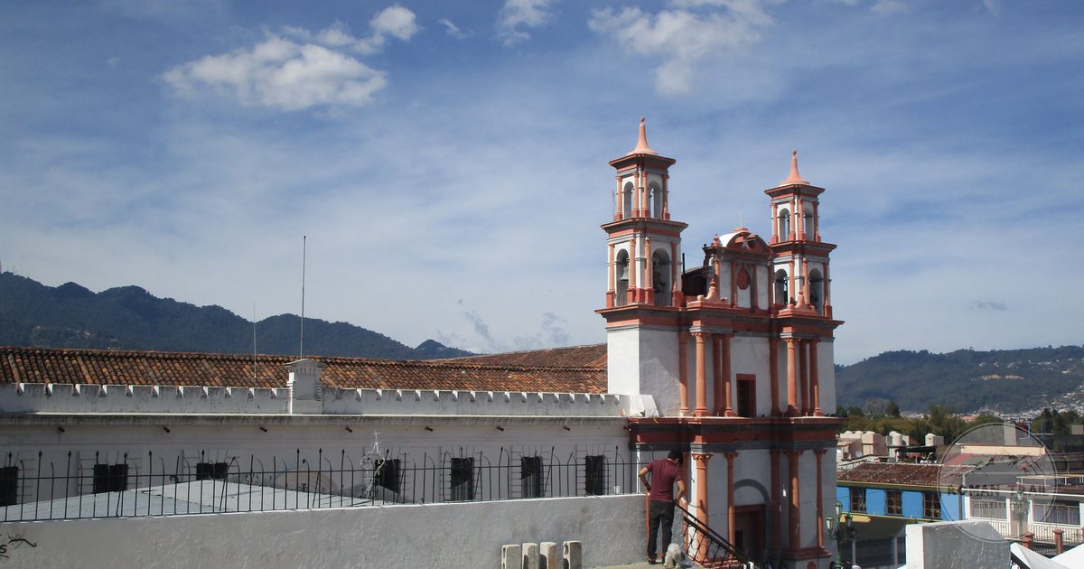 A colonial church against a blue sky in San Cristobal de las Casas, Chiapas, Mexico