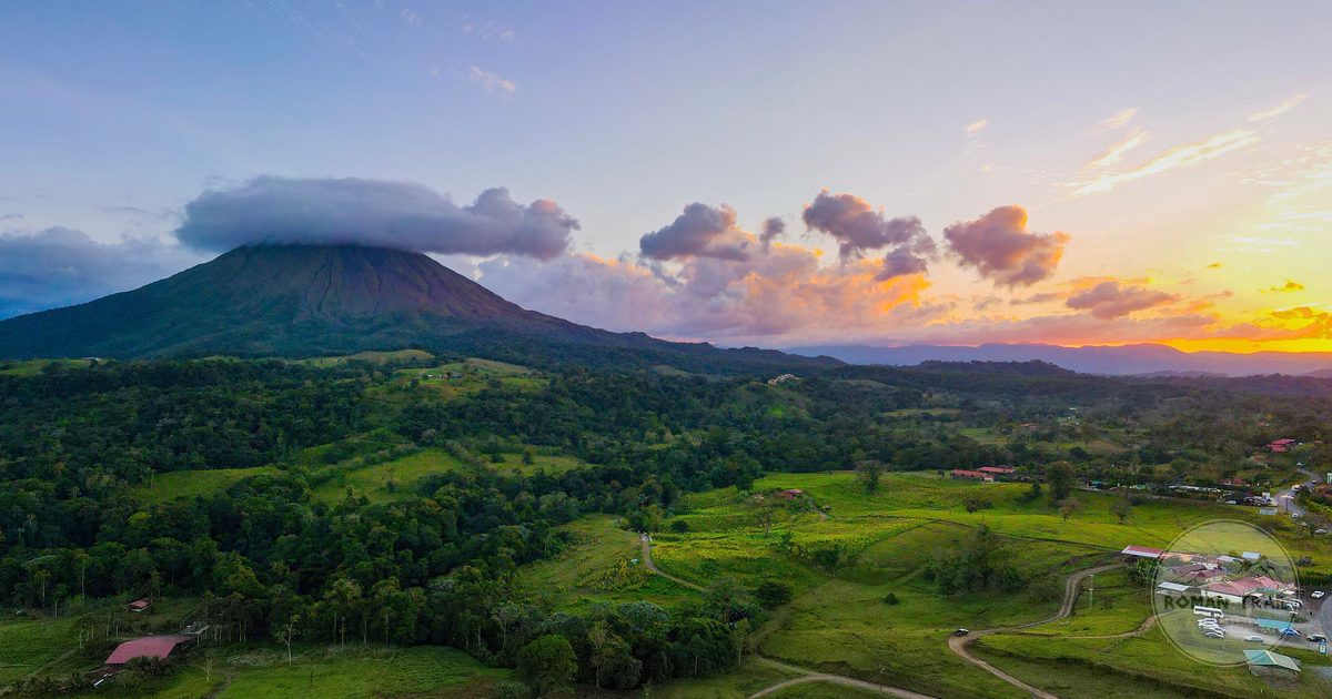 Aerial view of Arenal Volcano at sunset in Alajuela Province, Costa Rica