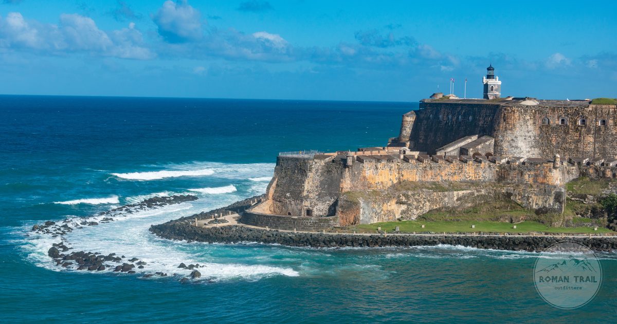 Aerial view of Castillo San Felipe del Morro above the sea, Puerto Rico