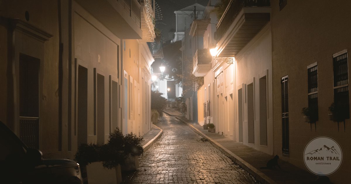 A narrow street in Old San Juan at night, Puerto Rico