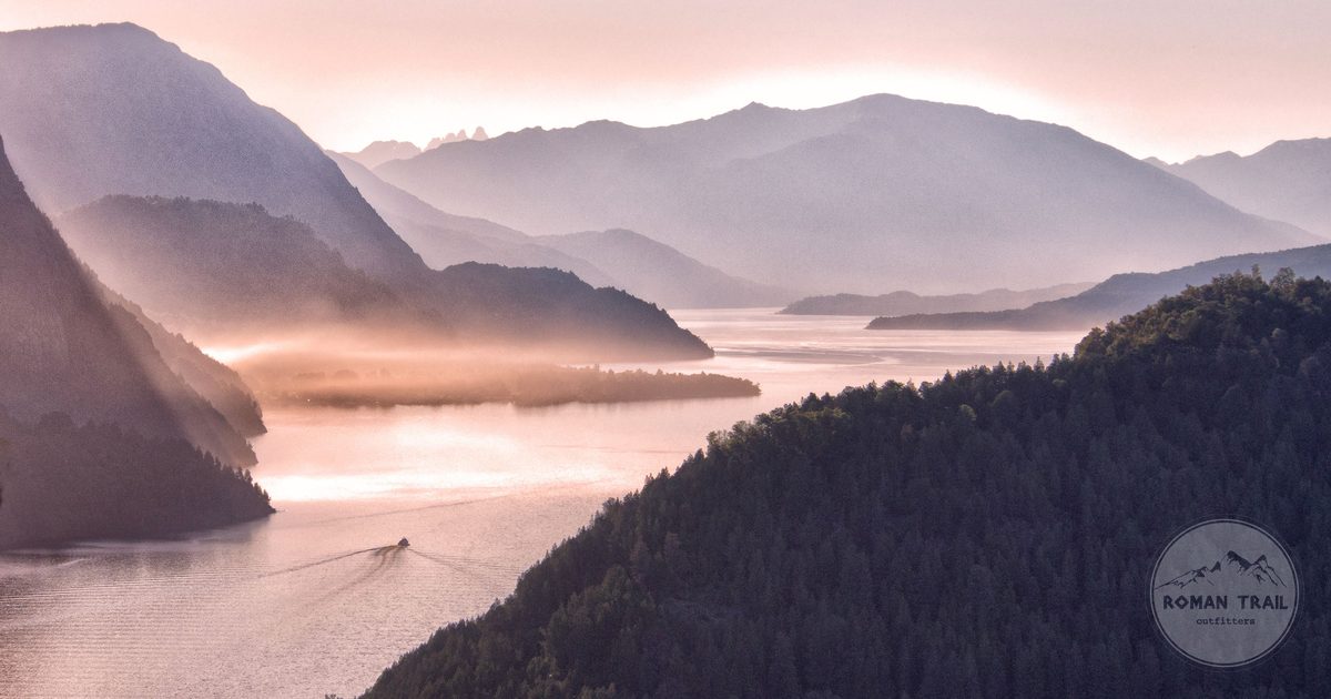 Misty mountains above a river at San Martín de los Andes, Argentina
