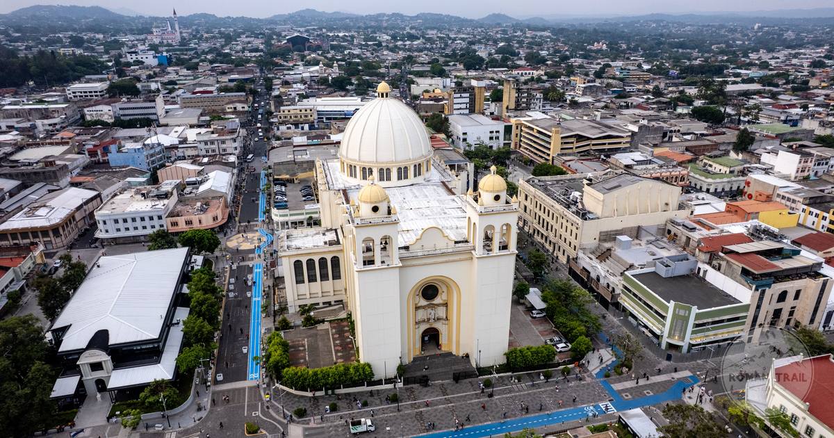 Aerial view of the Metropolitan Cathedral in the historic centre of San Salvador