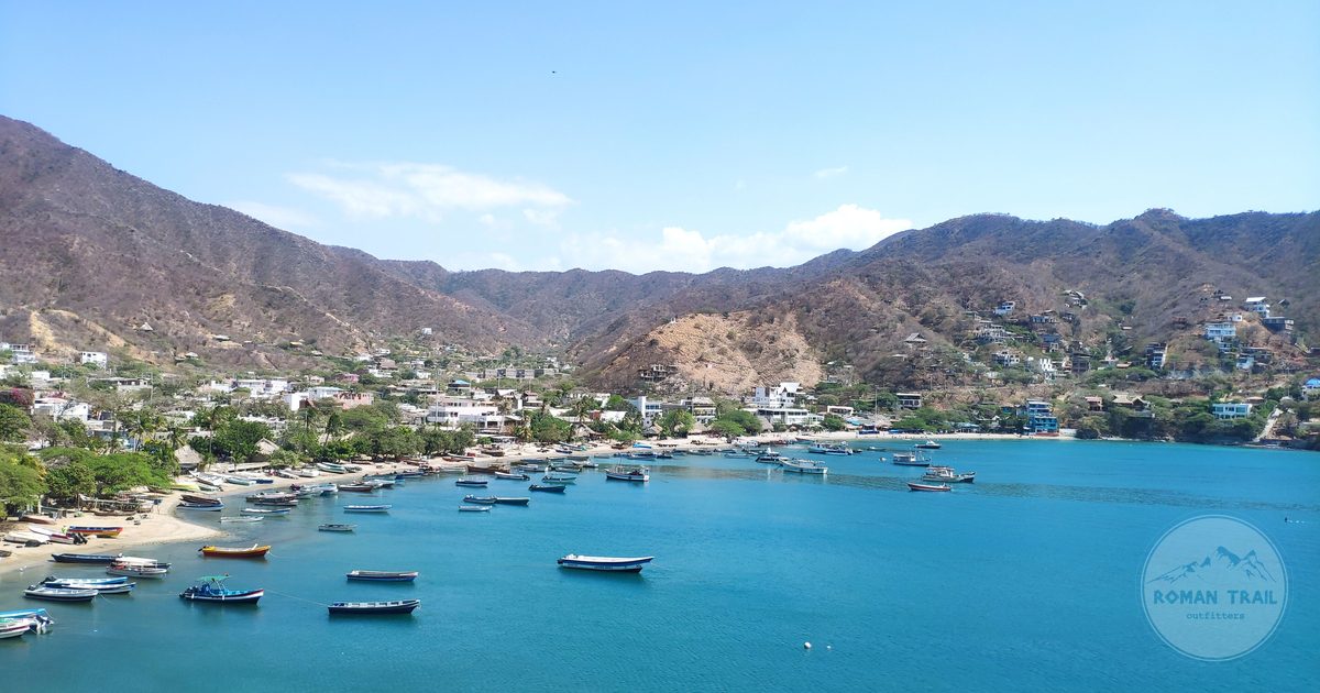 Boats on the turquoise water of Taganga Bay near Santa Marta, Colombia